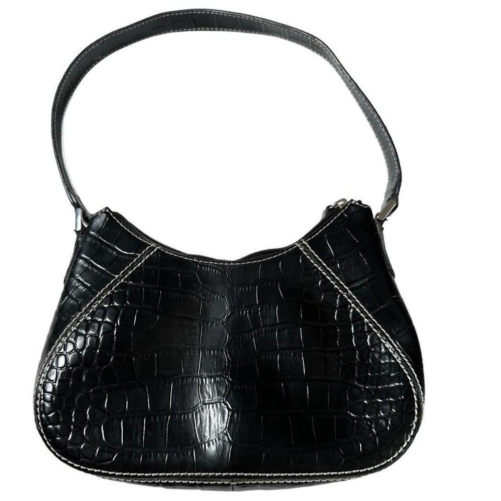 Liz Claiborne Black Croc Embossed Shoulder Bag Y2K White Stitch Baguette